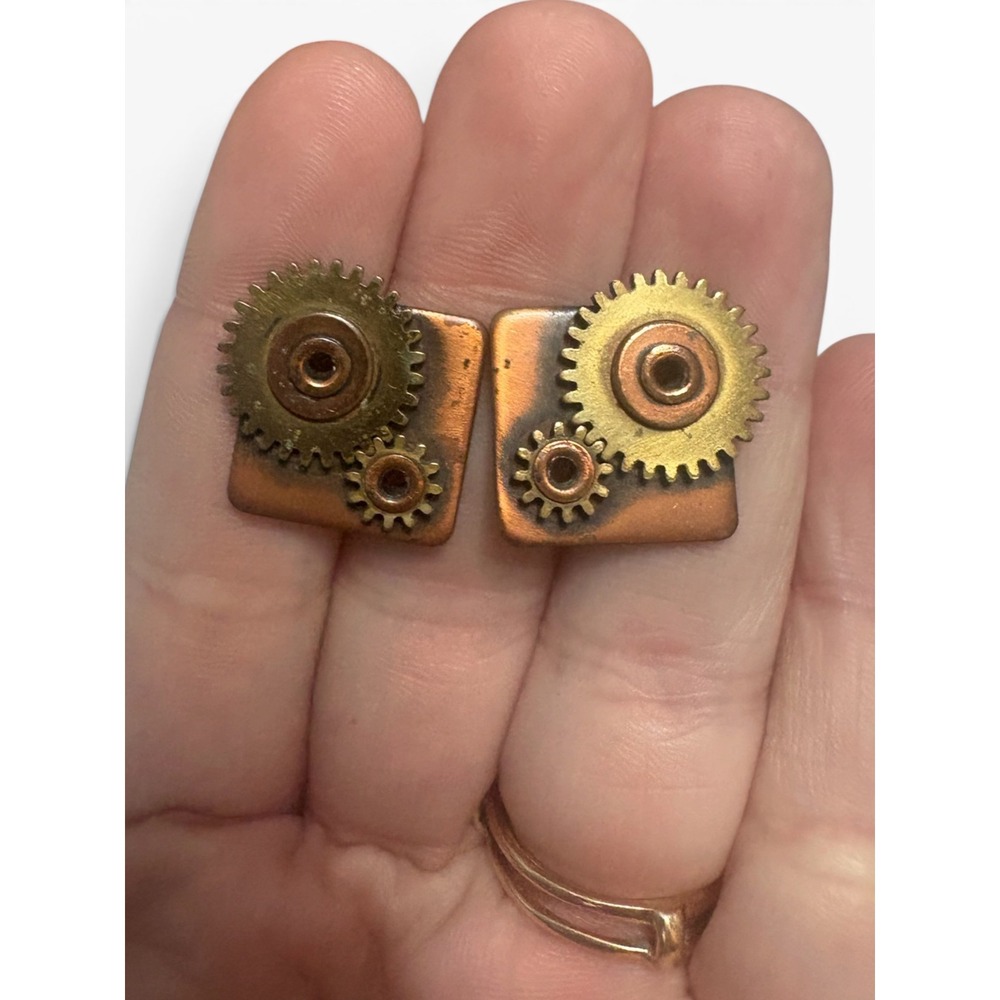 FRANK REBAJES Copper Brass Gears Modernist Cufflinks Tie Clip Set, 1950s - Picture 8 of 11